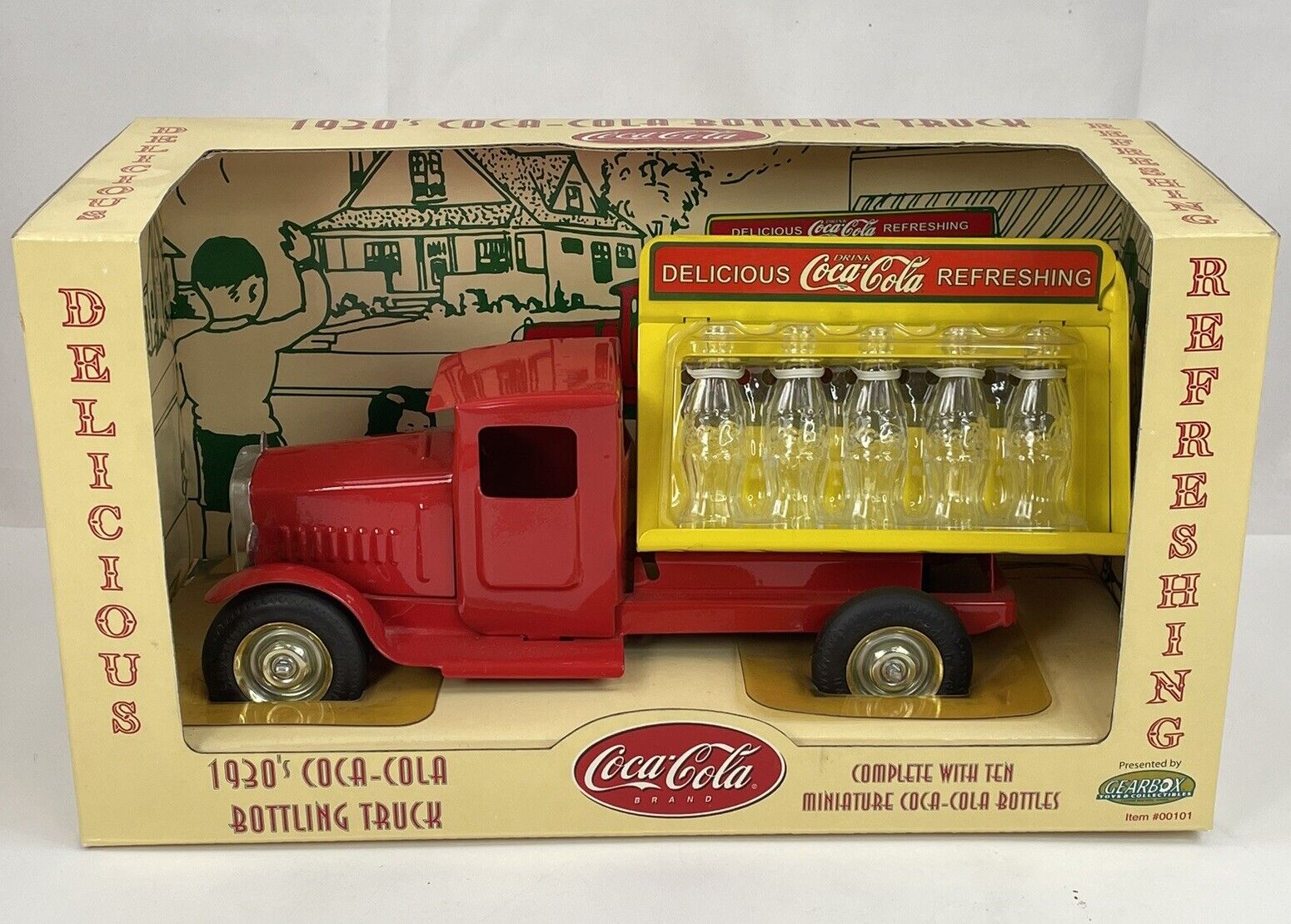 Coke Gearbox 1930\'s Coca-Cola Bottling Truck w/ 10 Mini Glass Bottles NEW 2001