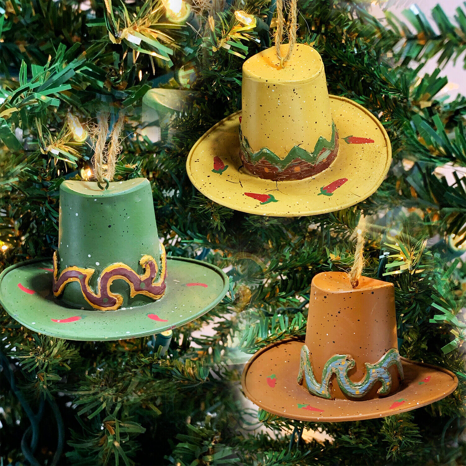 Southwestern Cowboy Chili Pepper Hat Christmas Ornaments x 3 Yellow Green Brown