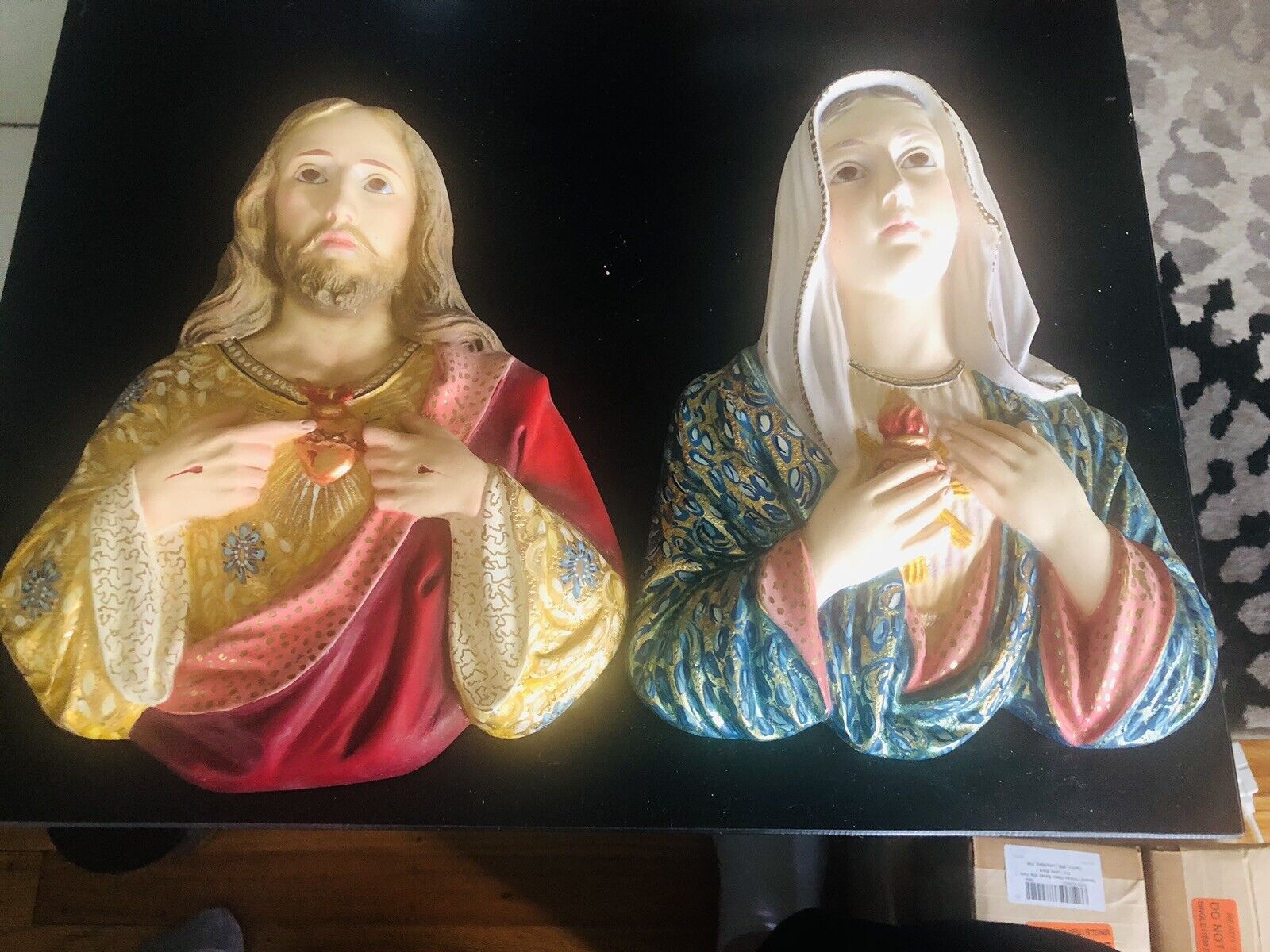 Rare VINTAGE Virgin Mary & Sacred Heart of Jesus Chalkware Wall Plaques
