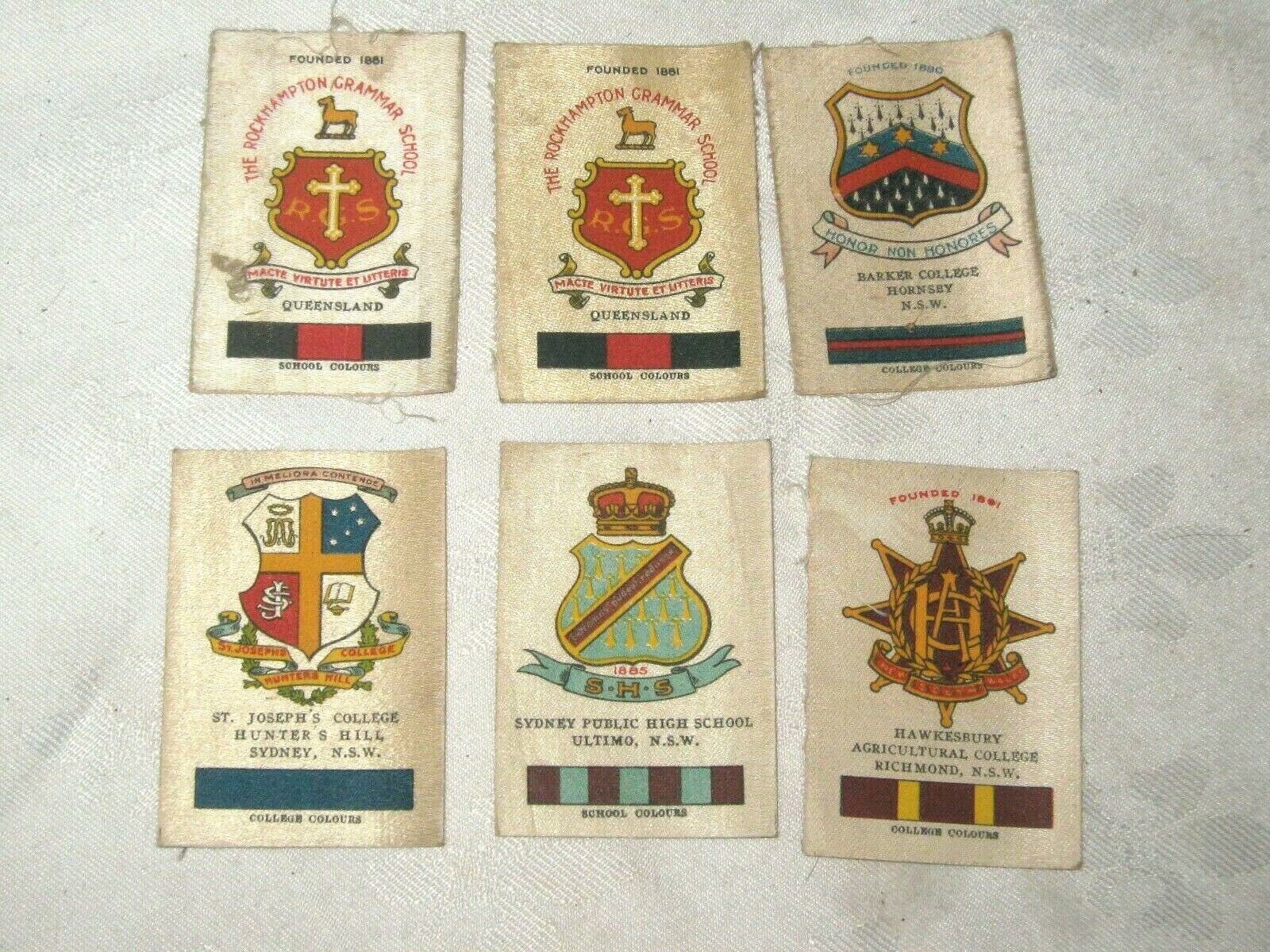 6 x 1916 W D & H O Wills Australian University Silk Crest/Colour Cigarette Cards