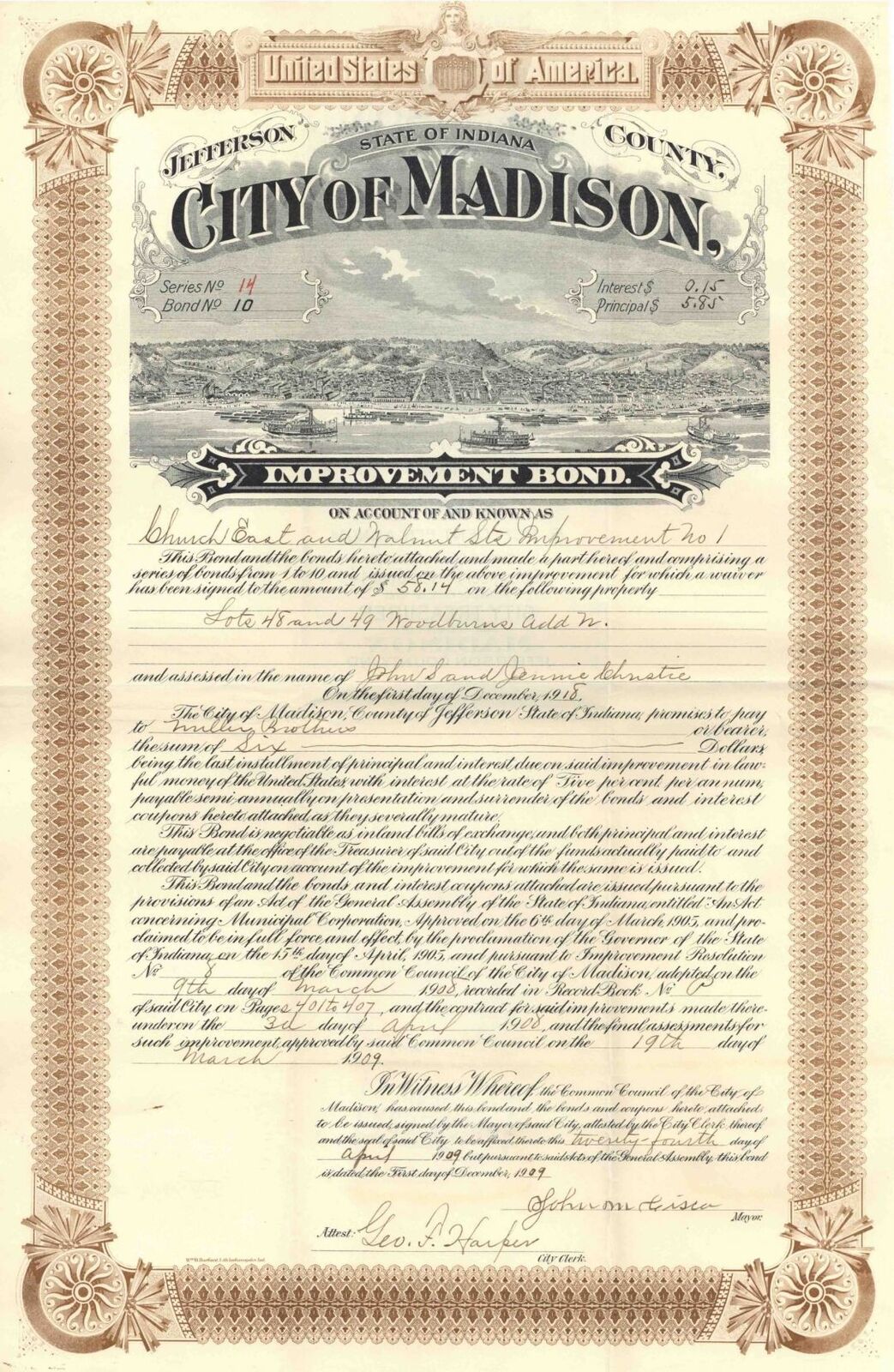 City of Madison, Indiana - Jefferson County Improvement Bond dated 1909 - Genera