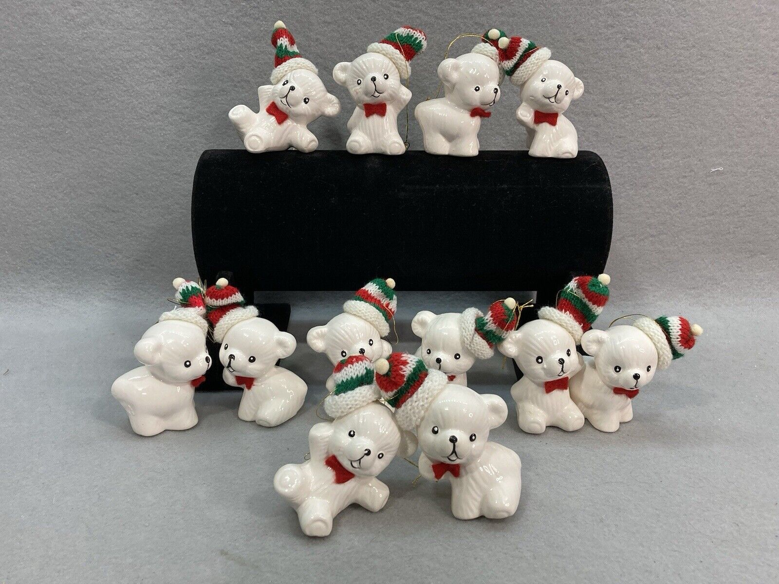 Vintage Christmas White Porcelain Teddy Bear Ornaments Fig Knit Hat 4” Lot of 12