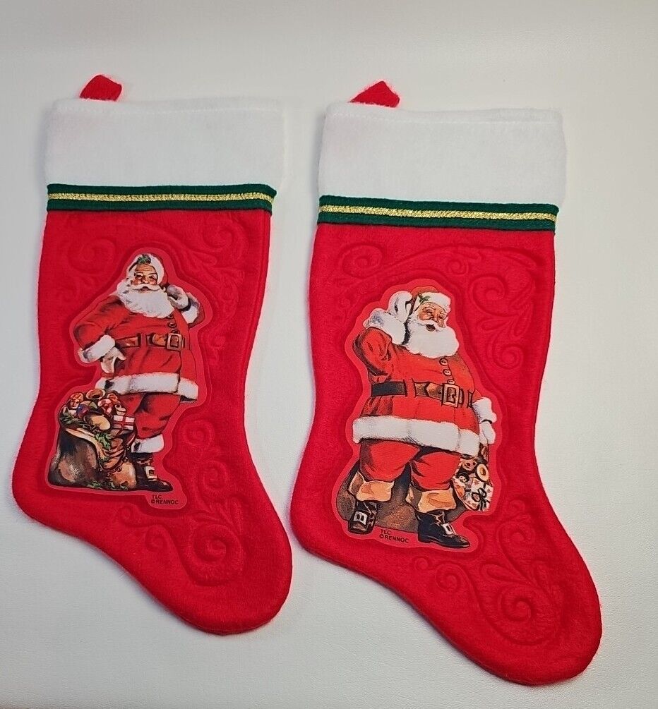 Vintage Red Felt Embossed Santa Stockings - Rennoc Santas Set of 2