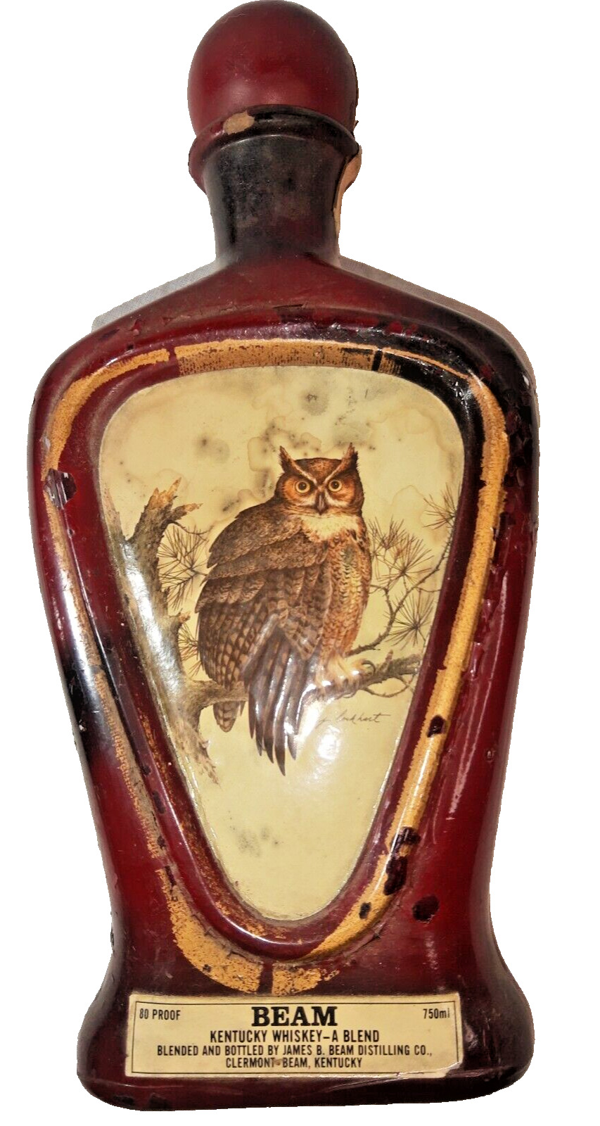 VTG BEAM empty Kentucky Whiskey Decanter Horned OWL Art by J Lockhart Glass red