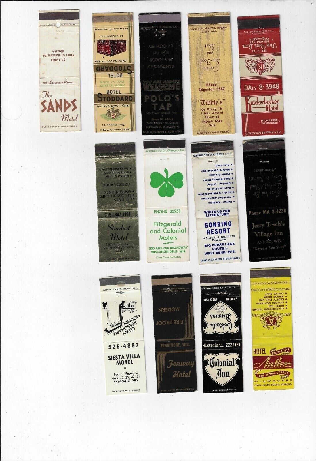 Lot of 13 Less Than Perfect FS Matchbooks Wisconsin  Hotels and Motels One Bar