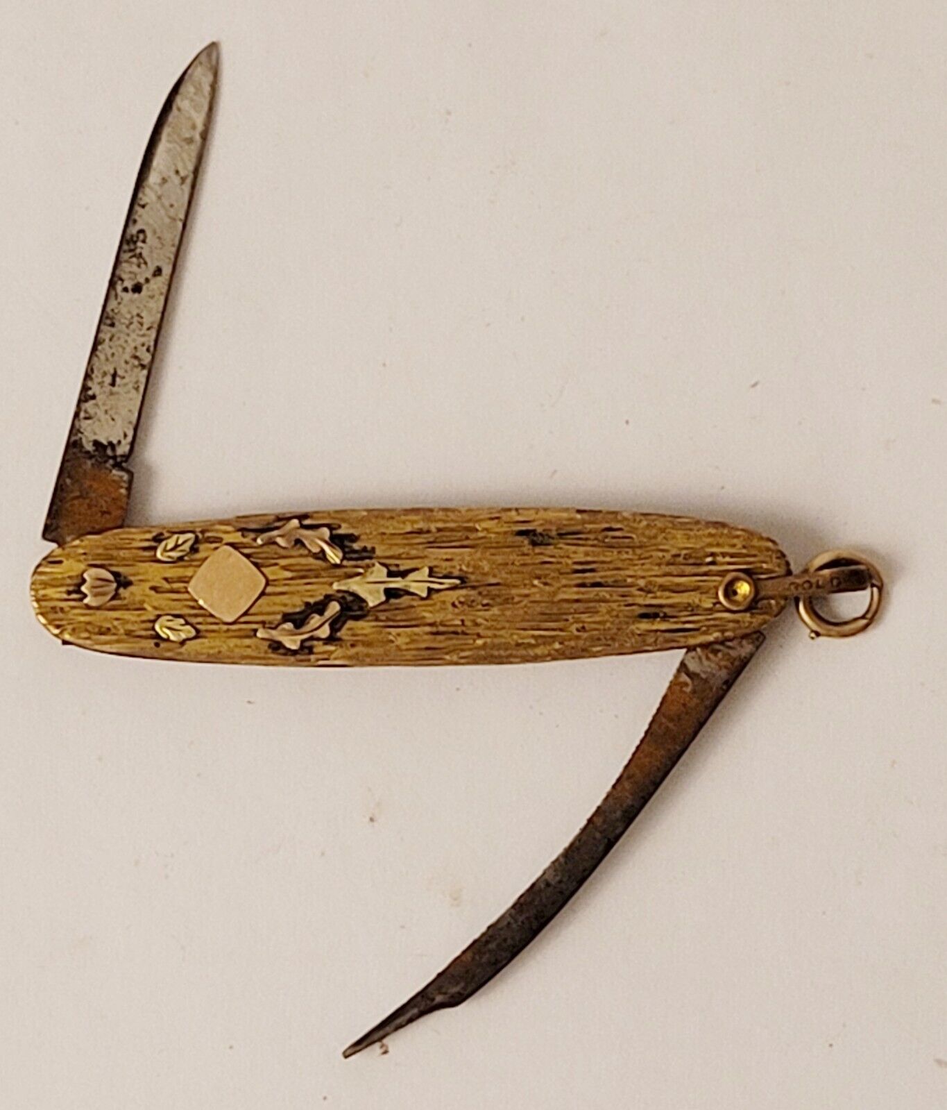 Rare Antique Miller Bros Gold Oak Leaves Gentleman's Knife