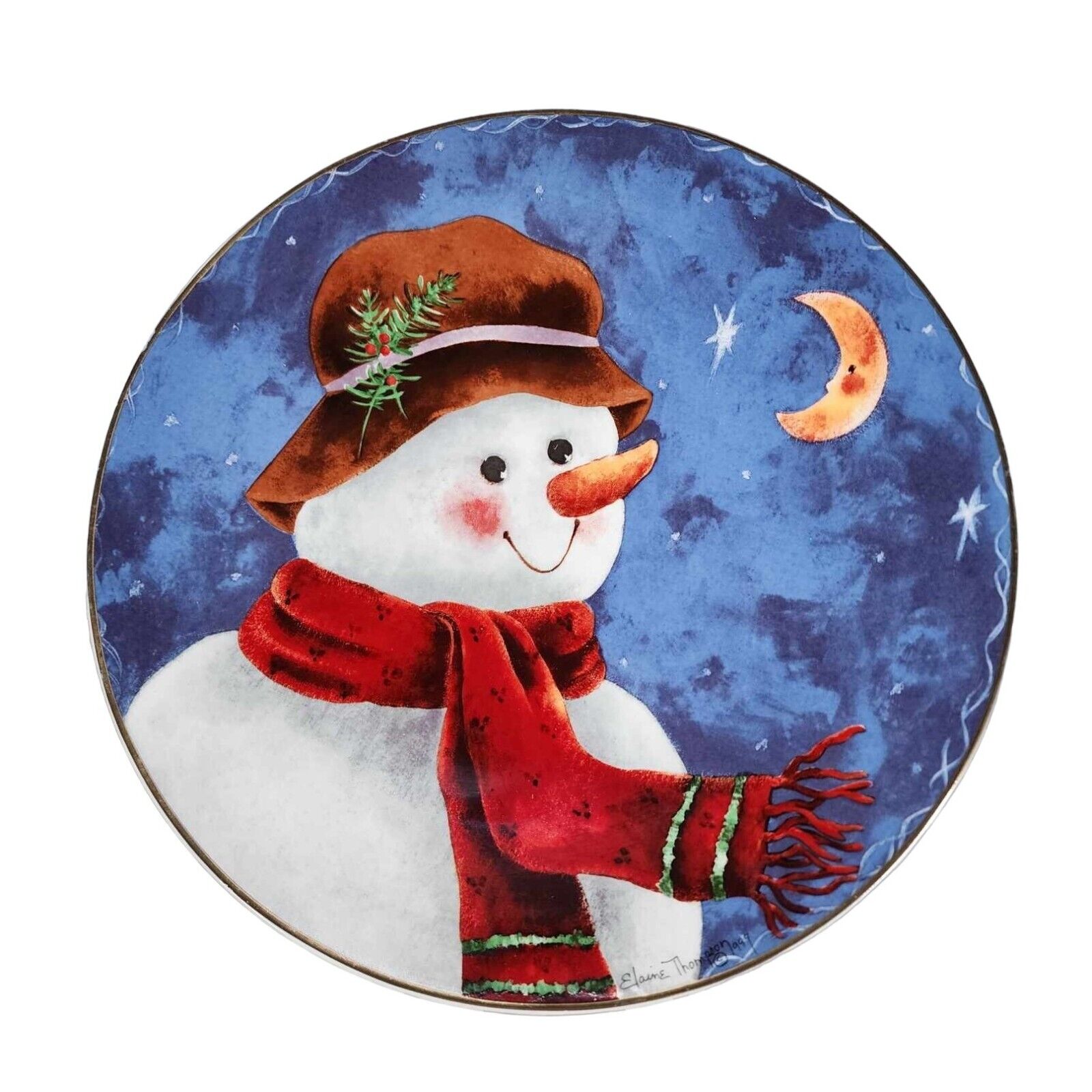 Vintage Elaine Thompson Snowman Under The Moon Collector Plate Christmas