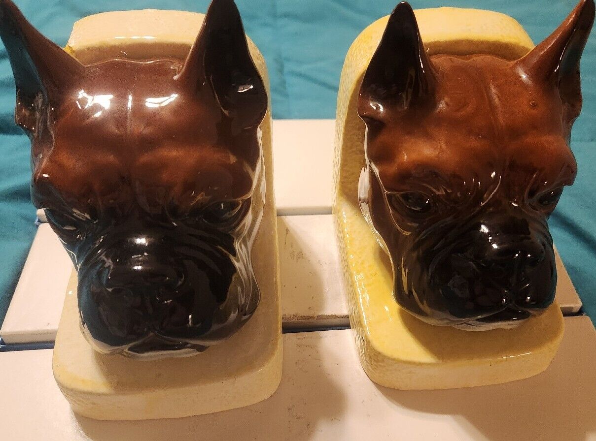 Vintage Pair Boxer Dog Ceramic Bookends Dog Decor Boxer Head Bust One With Chip.