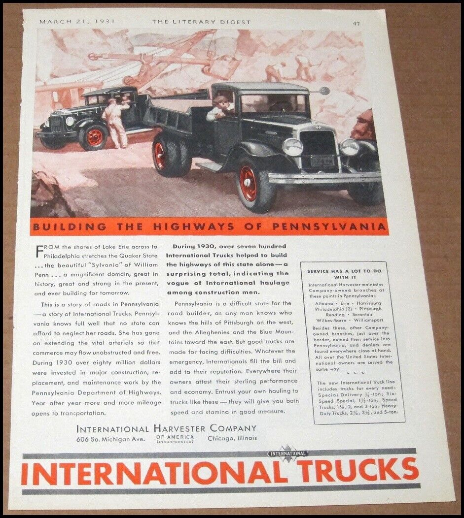 1931 International Trucks Print Ad Advertisement Harvester Company Pennsylvania