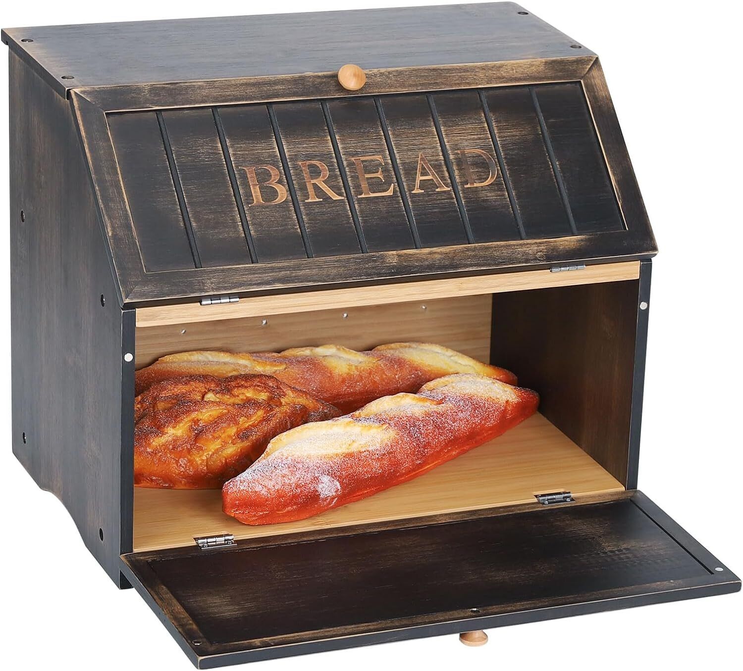 HOMEKOKO Double Layer Large Bread Box for Kitchen Counter Retro Design Wooden