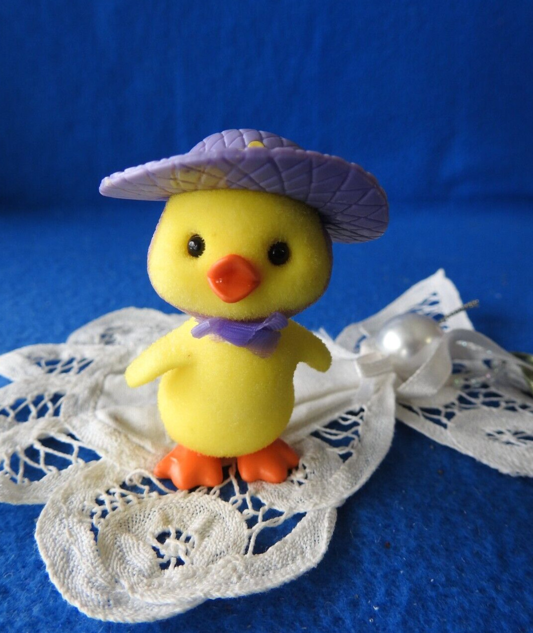 Vintage Enesco Flocked Easter Chick Duck with Purple Bonnet 2 1/2\