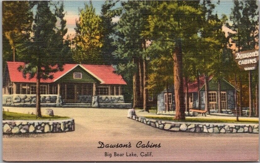 Vintage 1940s BIG BEAR LAKE, California Postcard DAWSON\'S CABINS Linen / Unused