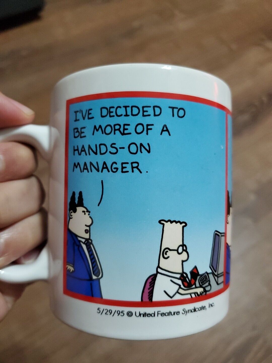 Vintage 1995 Dilbert Hands On Manager LONG DAY Coffee Mug Scott Adams