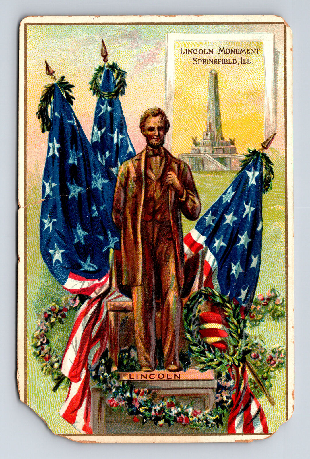 TUCK\'s Abraham Lincoln Statue US Flags Birthday Springfield IL Postcard