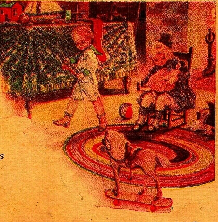 Children Toys Christmas Morning Seasons Best Wishes Vtg 1922 Postcard 