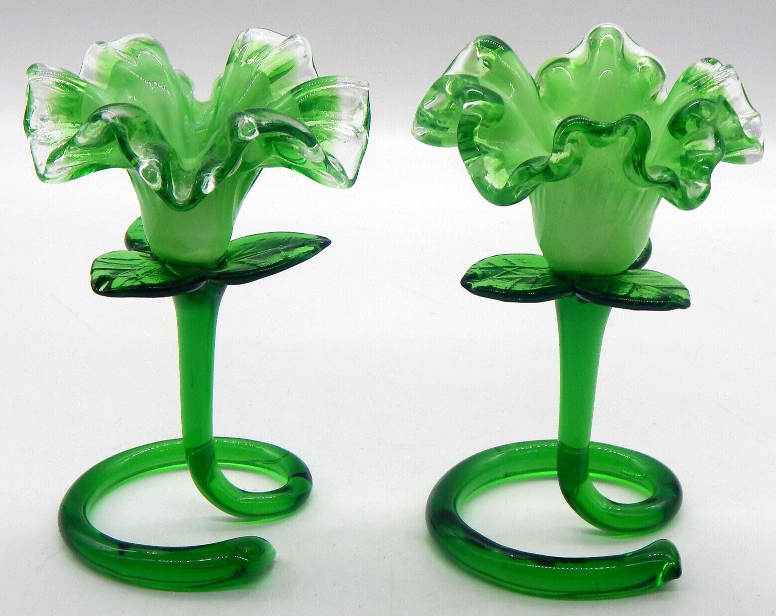 2 Murano Art Glass Green Flower Venetian Ruffled Candle Stick Holders