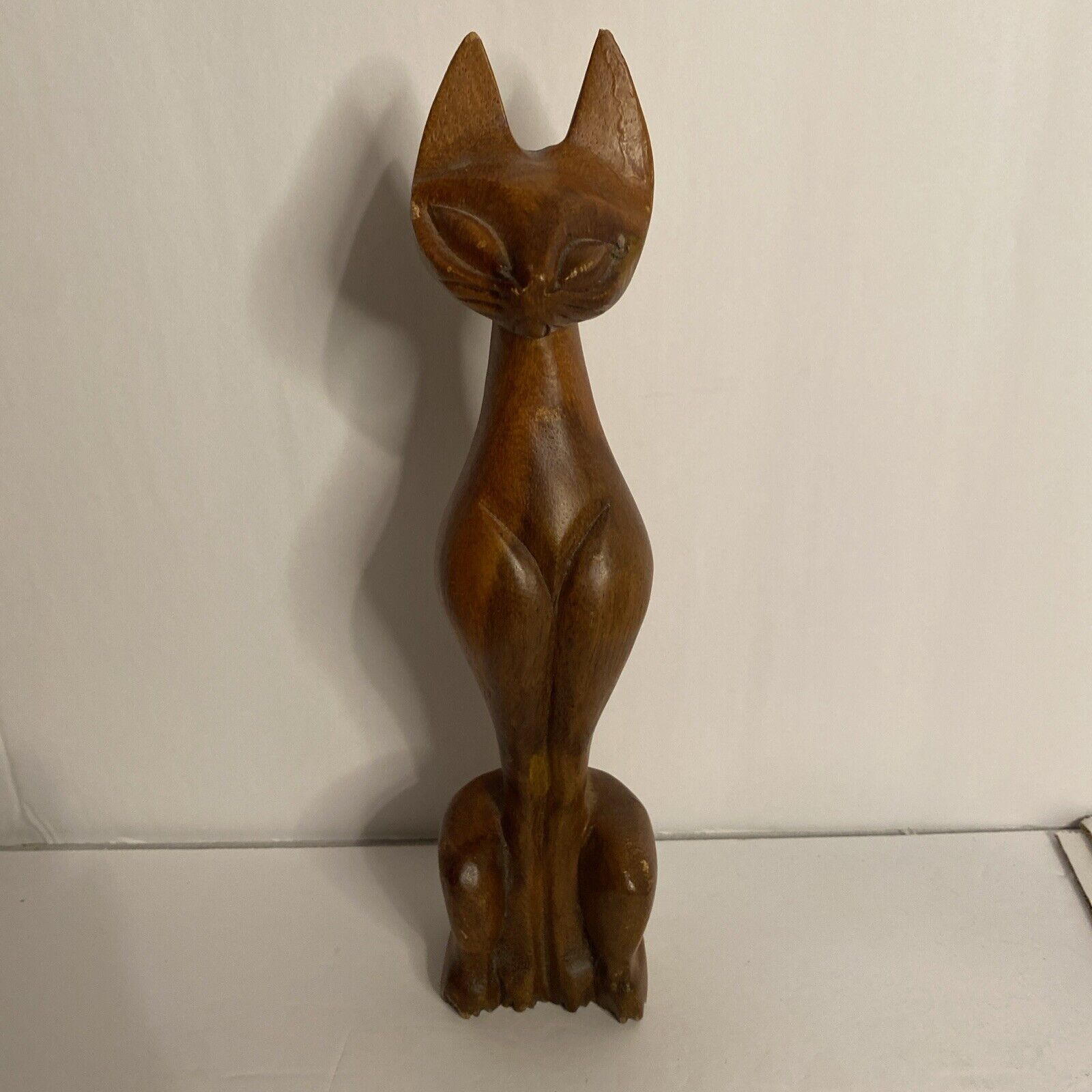 Vintage Mid Century Modern Hand Carved Teak Wood Siamese Cat Sculpture 10”