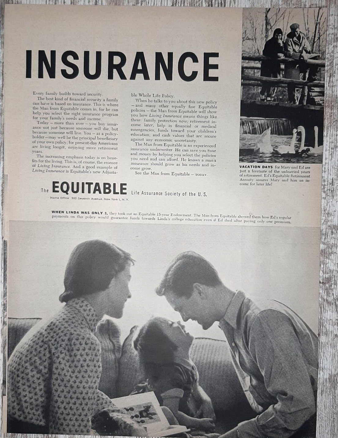 1955 Equitable Vintage Print Ad Life Insurance Annuity Retirement Policy Family