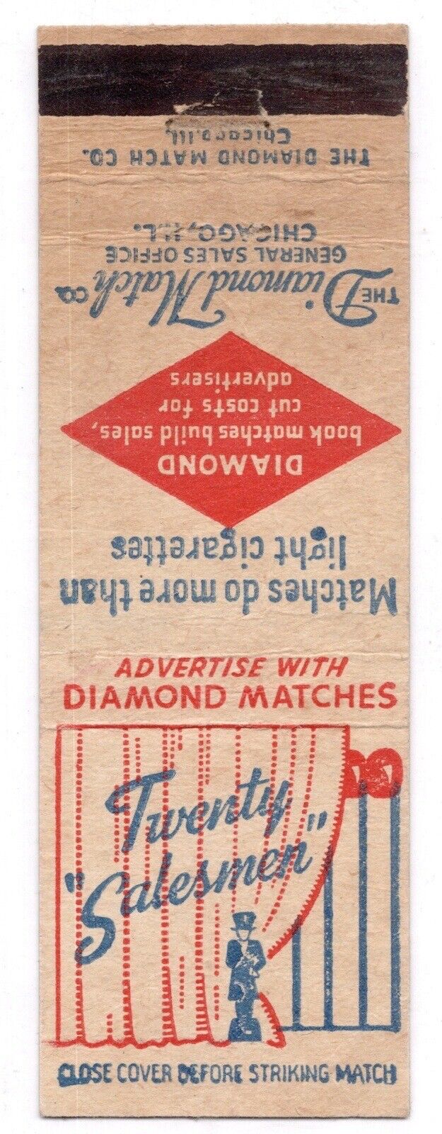 c1940s~Diamond Match Co~TWENTY SALESMEN~Chicago IL~Vintage Matchbook Cover