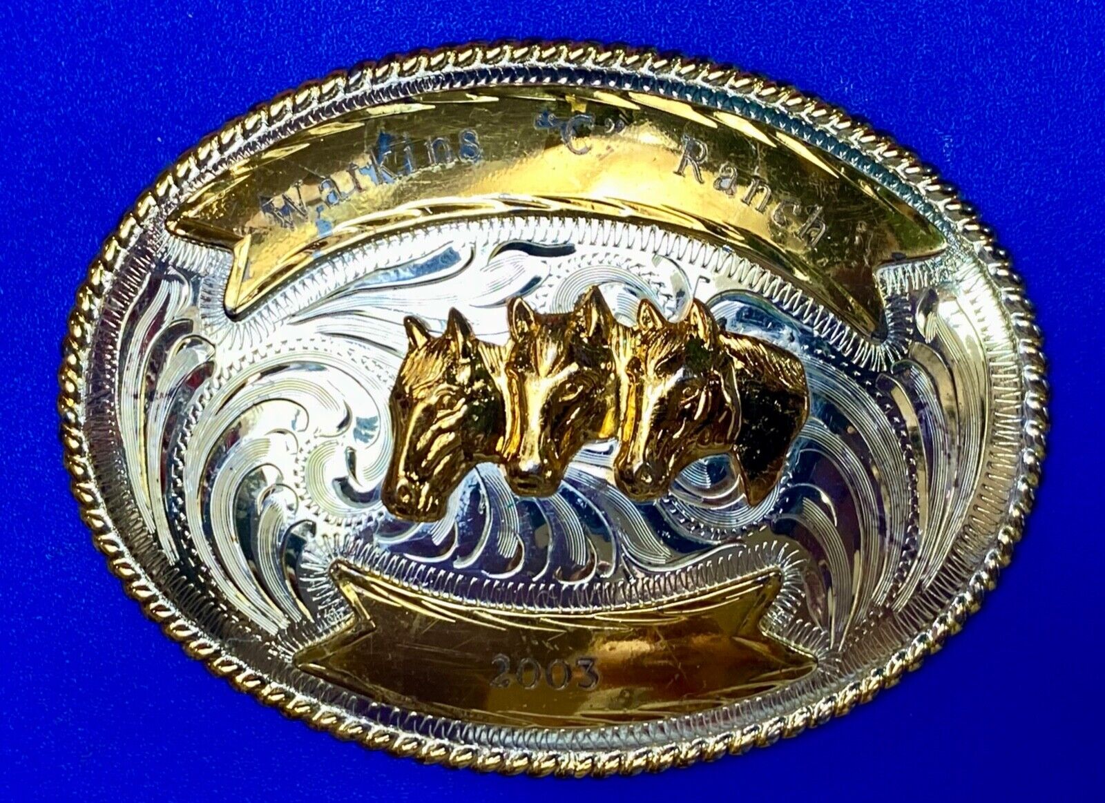 Three Horse heads silver tone? western belt buckle from Mexico- engraved ribbon