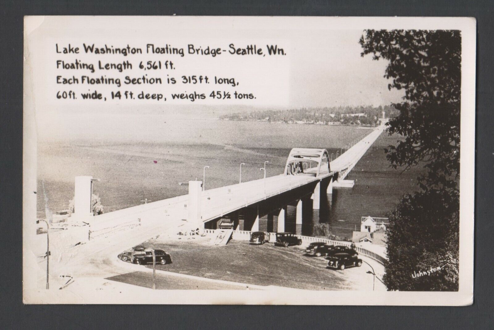 RPPC postcard - Lake Washington Floating Bridge, Seattle - 1950\'s