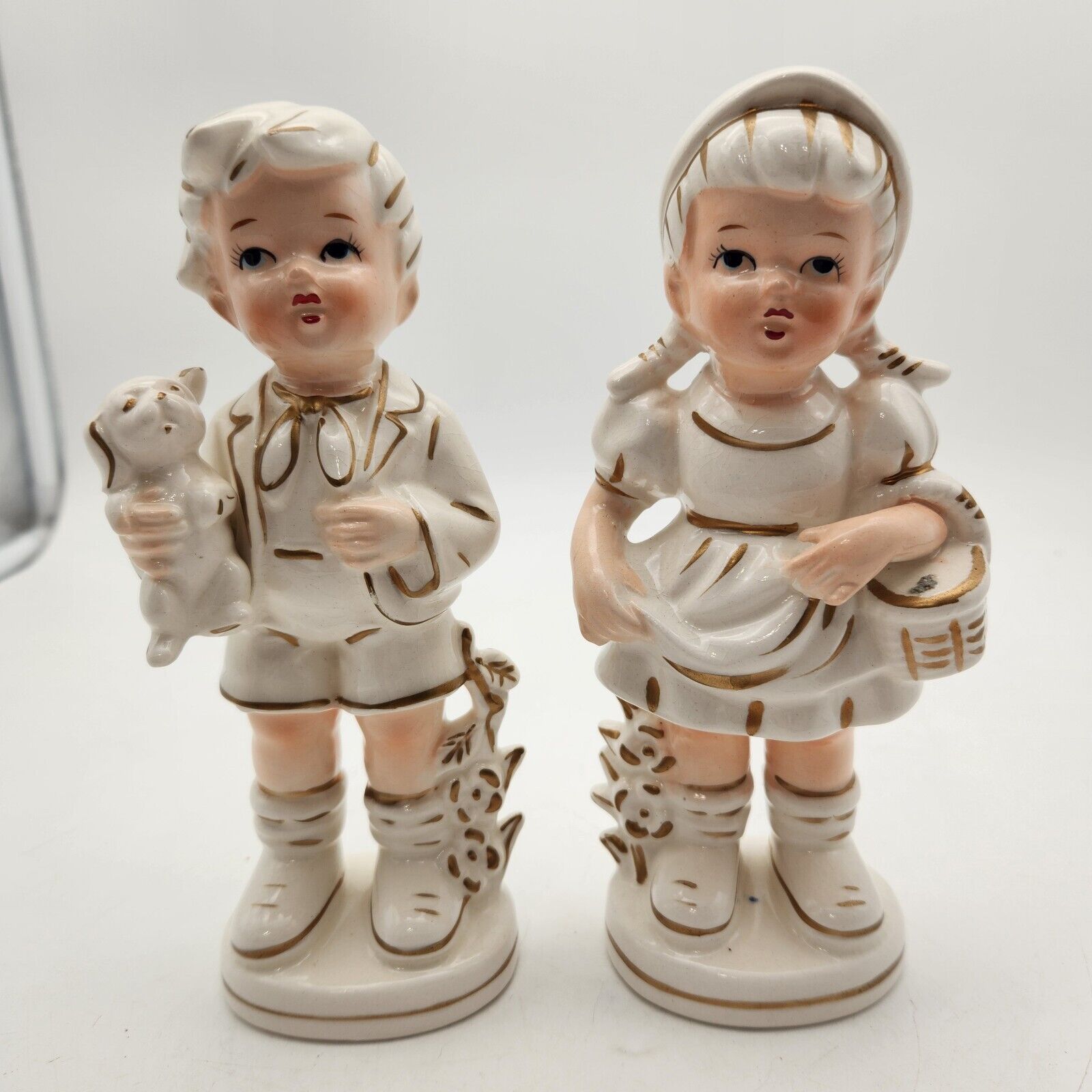 Vintage TII Boy with Dog Girl Basket Figurines Gold Trim Japan Porcelain