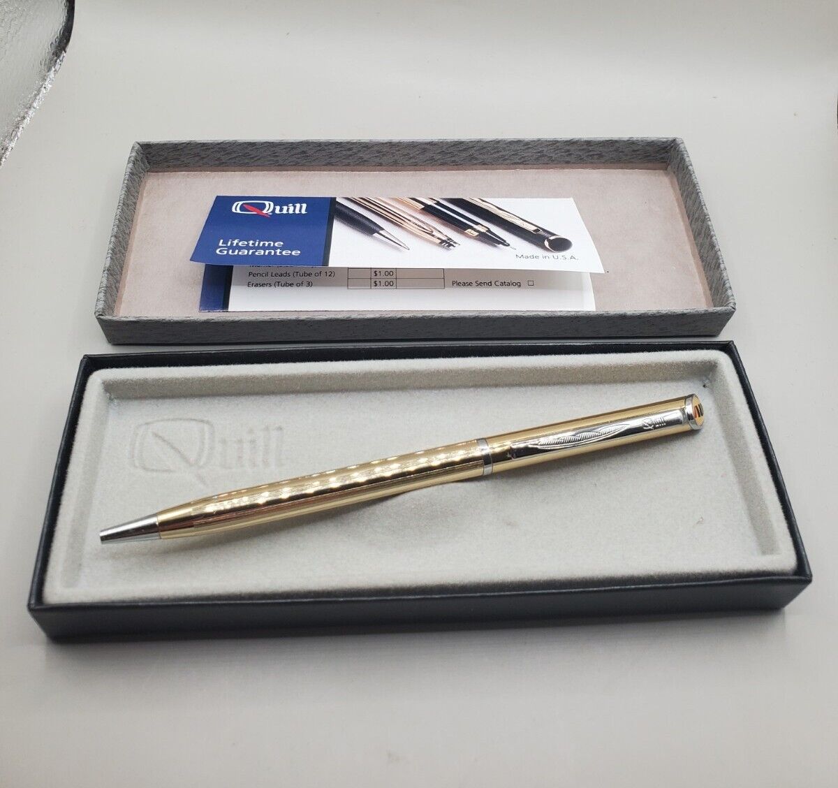 Vintage QUILL Gold Tone Ball Point Pen USA Made with Box WORKS 