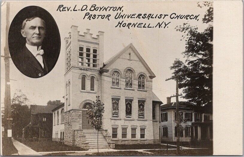 c1910s HORNELL, New York RPPC Real Photo Postcard UNIVERSALIST CHURCH w/ Pastor