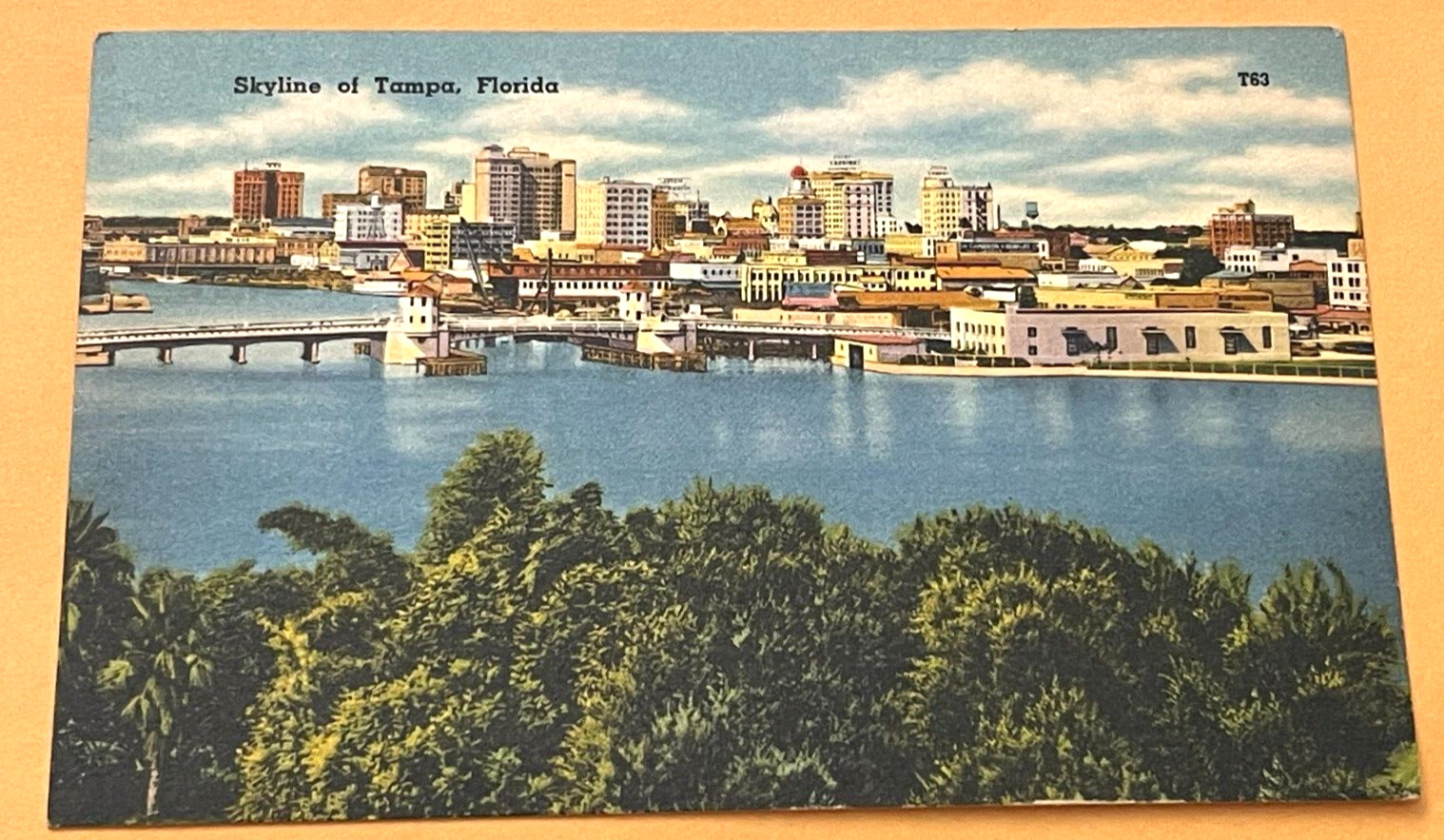 1960 TAMPA FLORIDA SKYLINE VIEW FROM DAVIS ISLAND BRIDGE LINEN POSTCARD PC FL