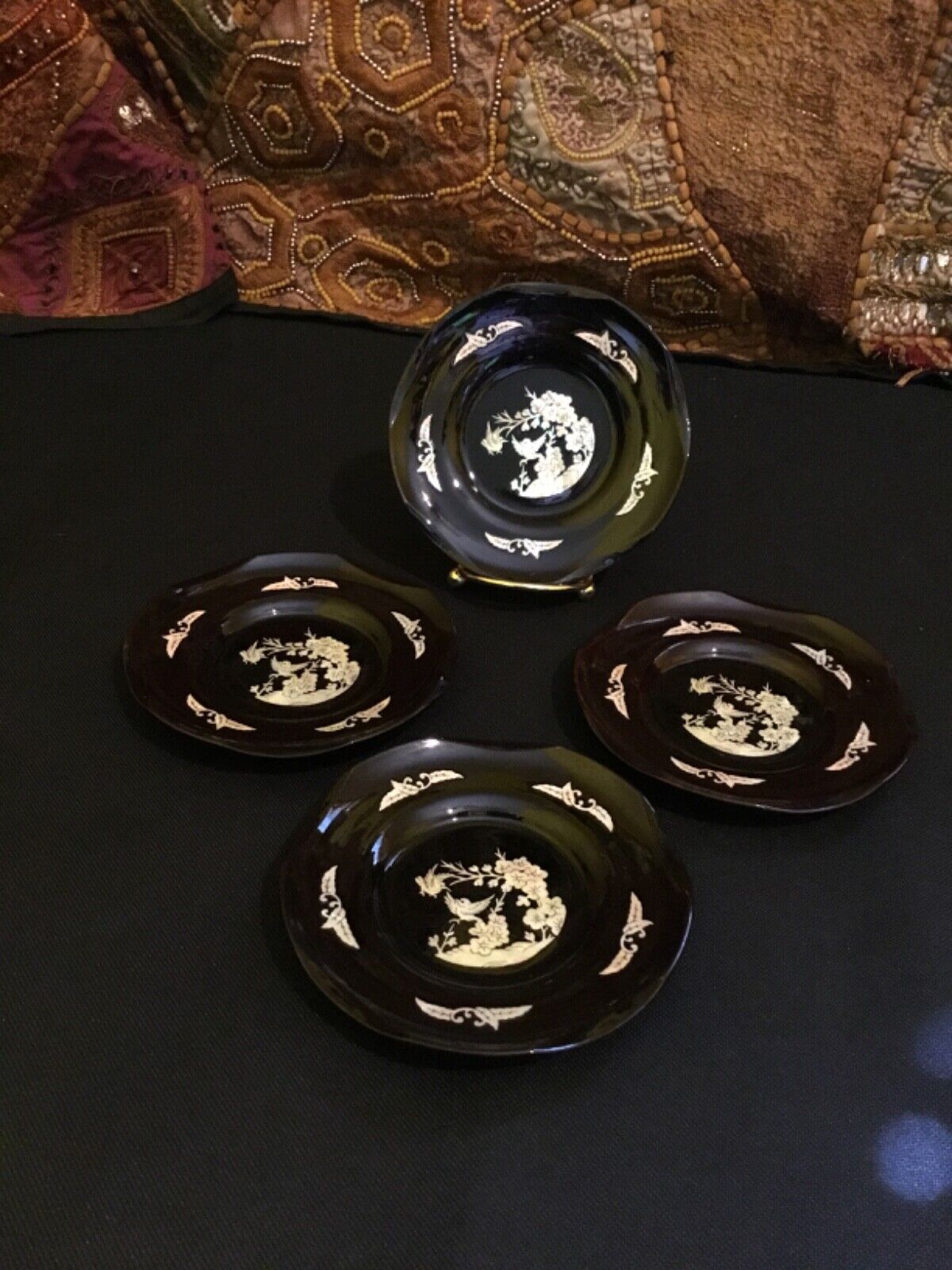 Vintage Japanese lacquer Raden with mother-of-pearl Inlaid bowl/saucer set of 4