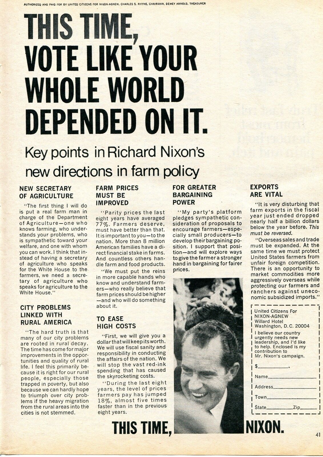 1968 Print Ad Richard Nixon Farm Policy Campaign Fund Citizens For Nixon-Agnew