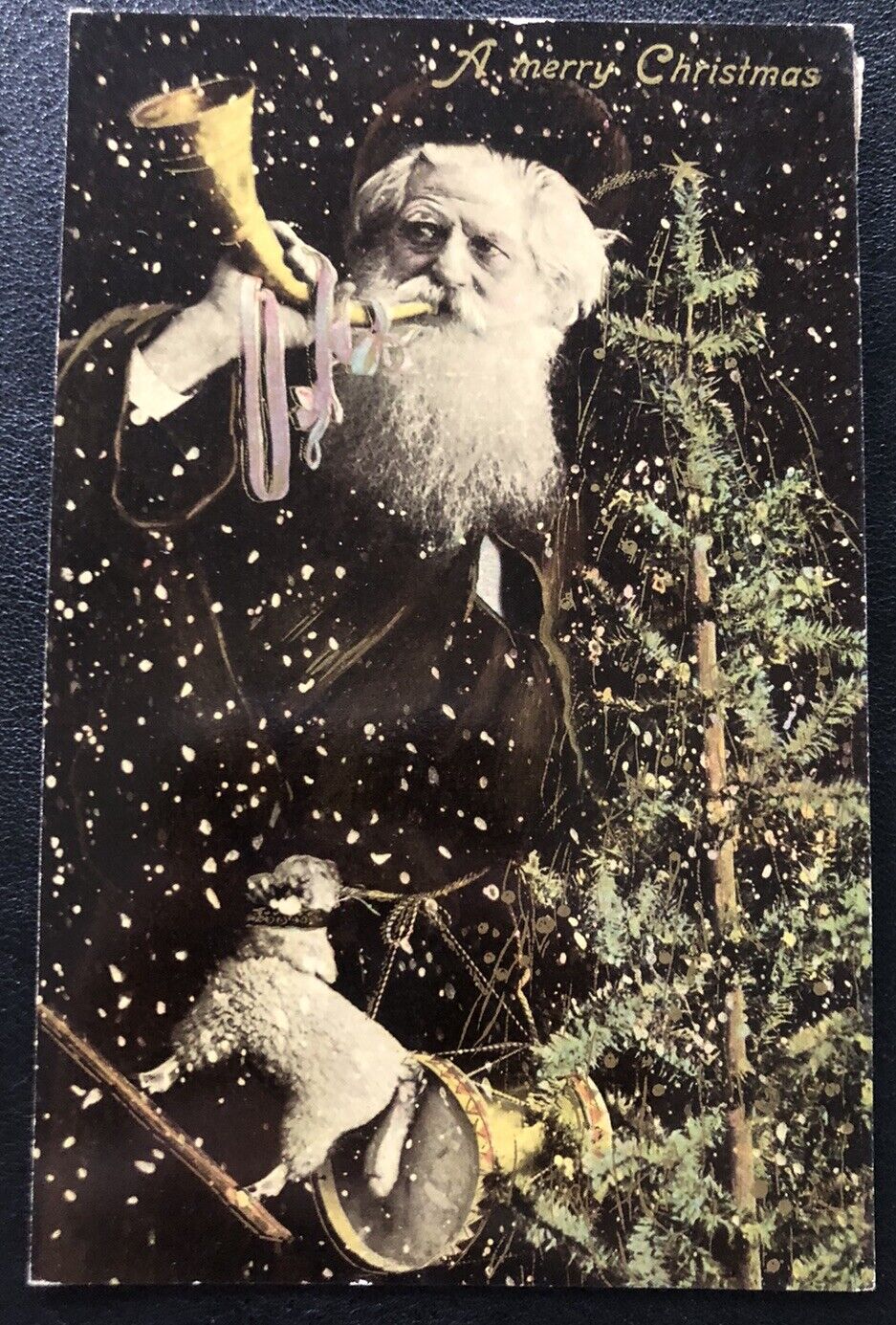 Rppc Santa Horn Christmas Tree Toys Dark Robe Snow Vintage Postcard II53