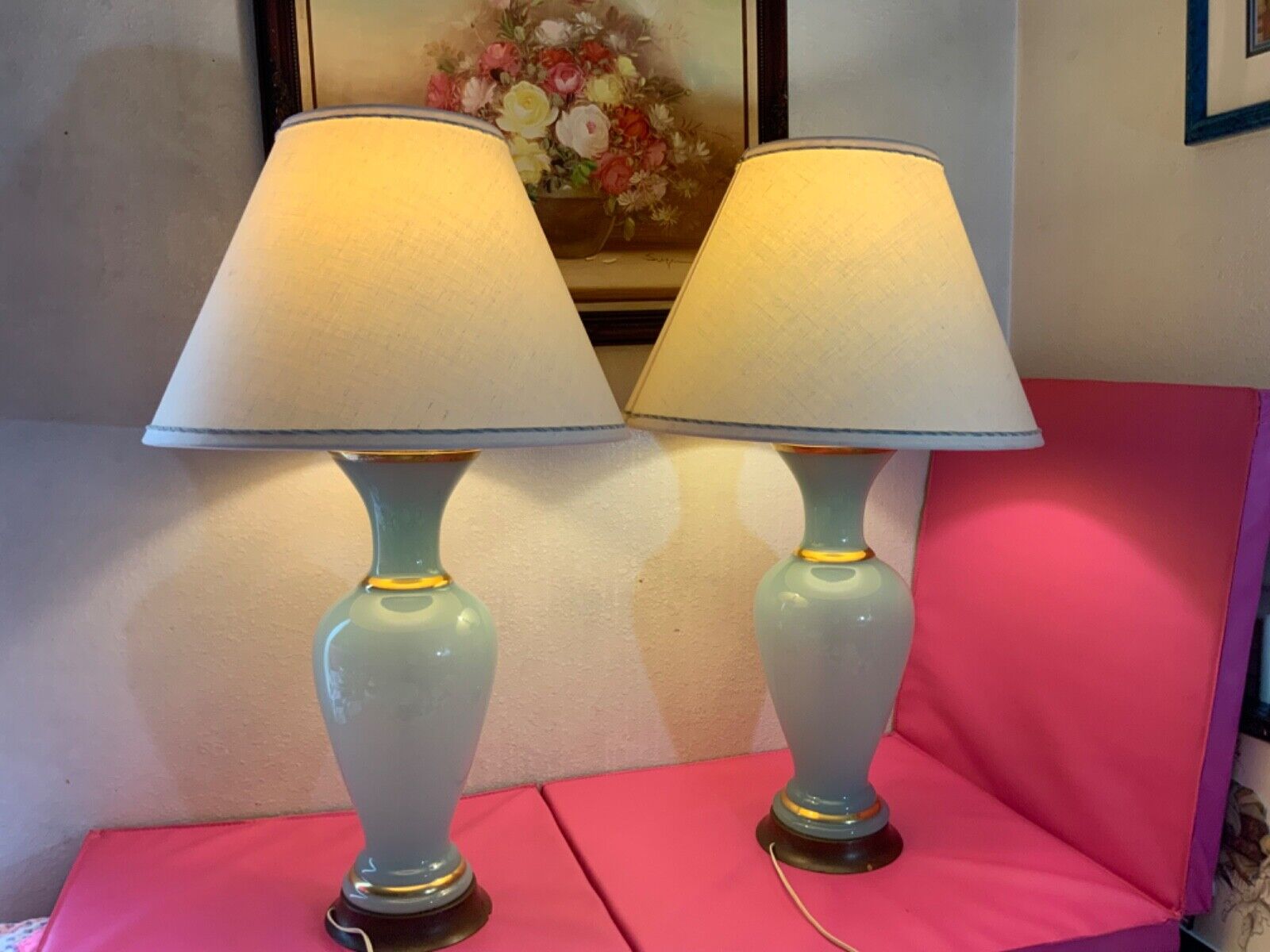 Pair of Vintage French Blue Opaline Gilt Glass Table Lamp with Shades