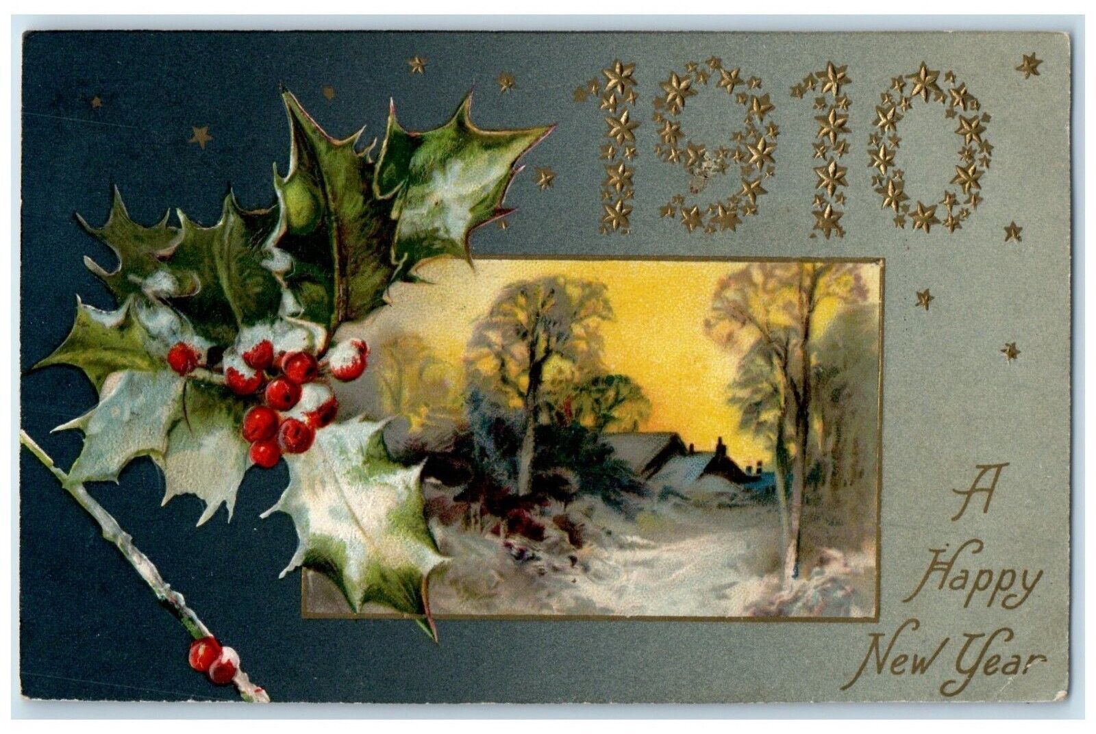 1910 New Year House Winter Scene Holly Berries Winsch Back Embossed Postcard