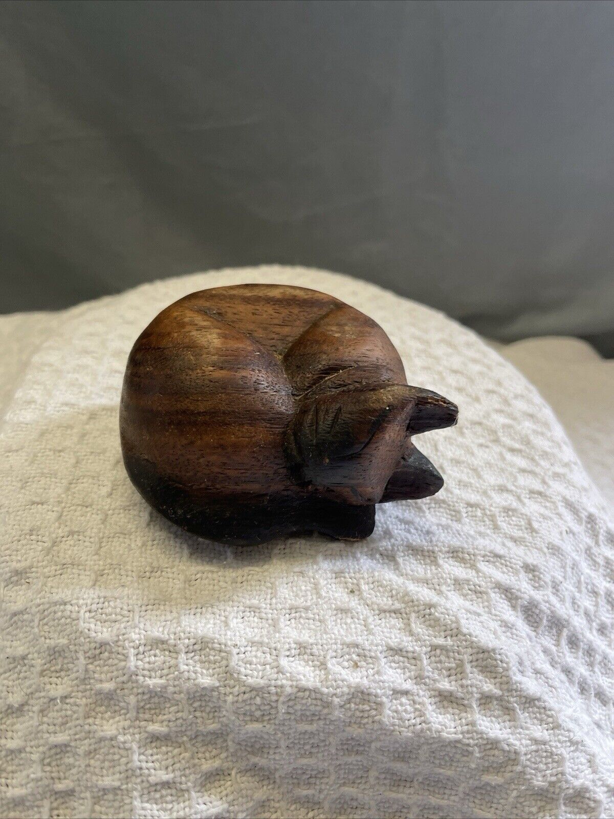 Vintage Cat Sleeping Figurine Solid Wood Hand Carved Siamese Kitty Cat Lover