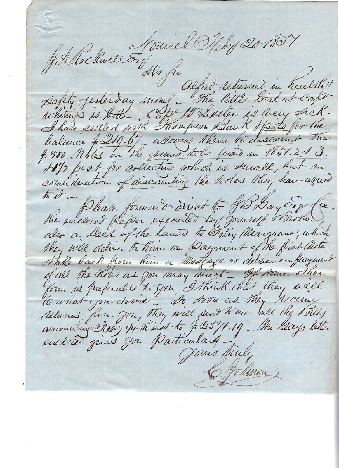 1857 Norwich Ct Letter to Hon John A Rockwell Congressman of Ct