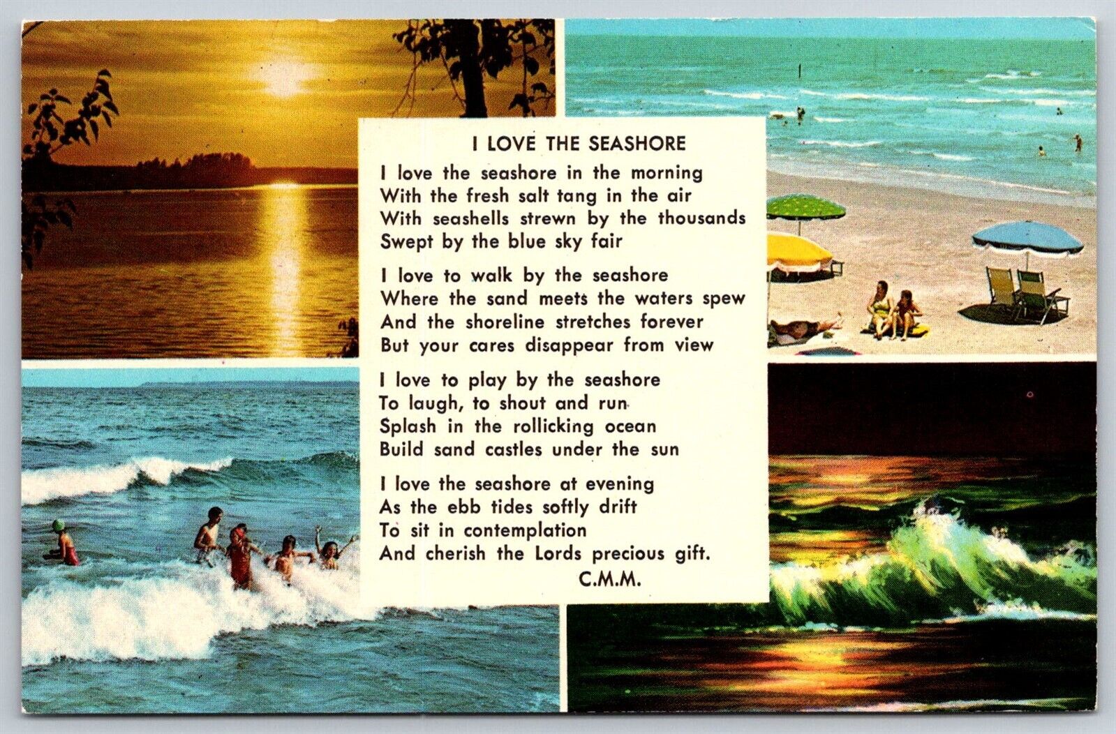 I Love The Seashore Ocean Kids Playing Poem VTG Unposted Chrome Postcard