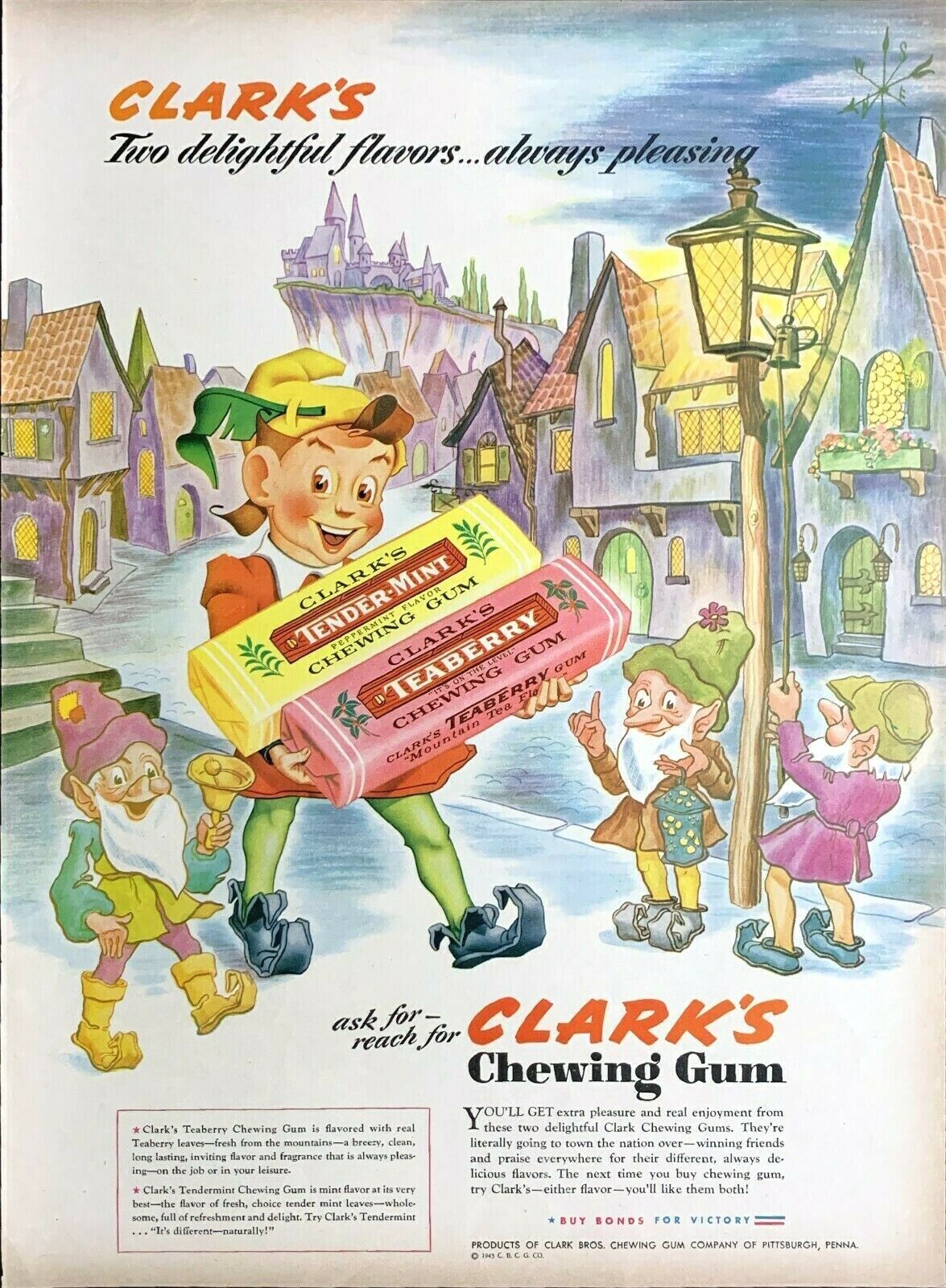 Vintage 1943 Clark\'s Chewing Gum Elf Carrying 2 Packs Of Gum Advertisement 