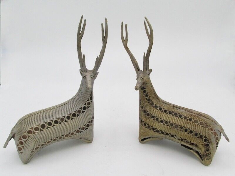 Pair Of DHOKRA India Brass Wire Filigree Folk Art Sitting Deer