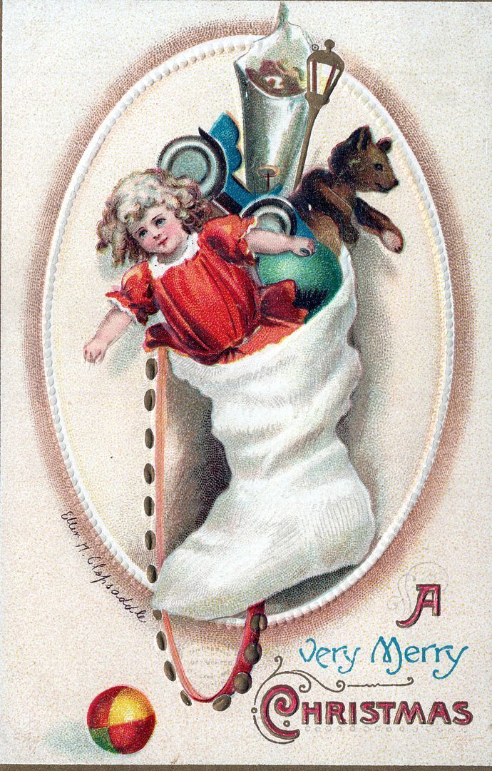CHRISTMAS - Clapsaddle Signed Sock Full Of Toys And Dolls Postcard
