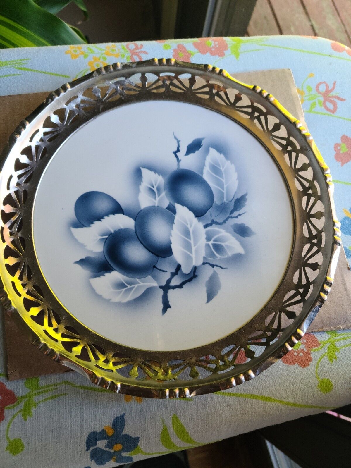 Vintage Round Porcelain plate/tray  Metal Work Germany  plums