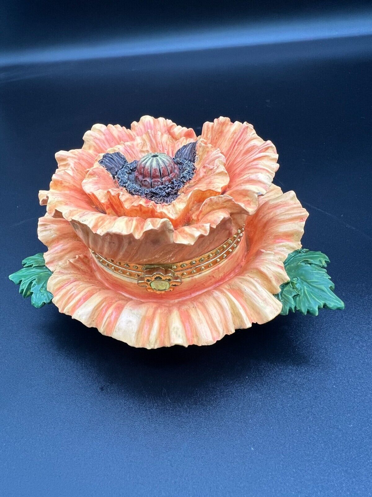 Orange Oriental Poppy Flower With Green Leaf Design Trinket Box