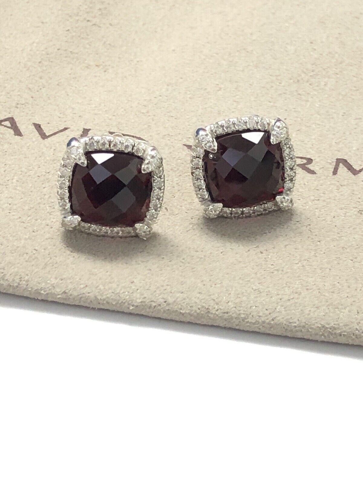 David Yurman 925 Silver 585 Purple 9mm Garnet & Diamond Chatelaine Earrings