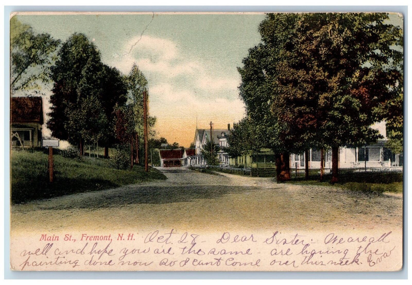 1906 Main Street Dirt Road Houses Tree Fremont New Hampshire NH Antique Postcard