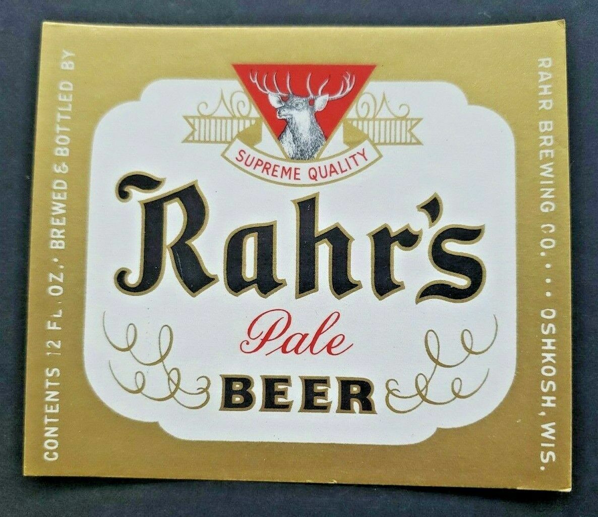 Vintage Rahr\'s Pale Beer Label 12oz Rahr Brewing Co. Oshkosh, WI NOS DC1