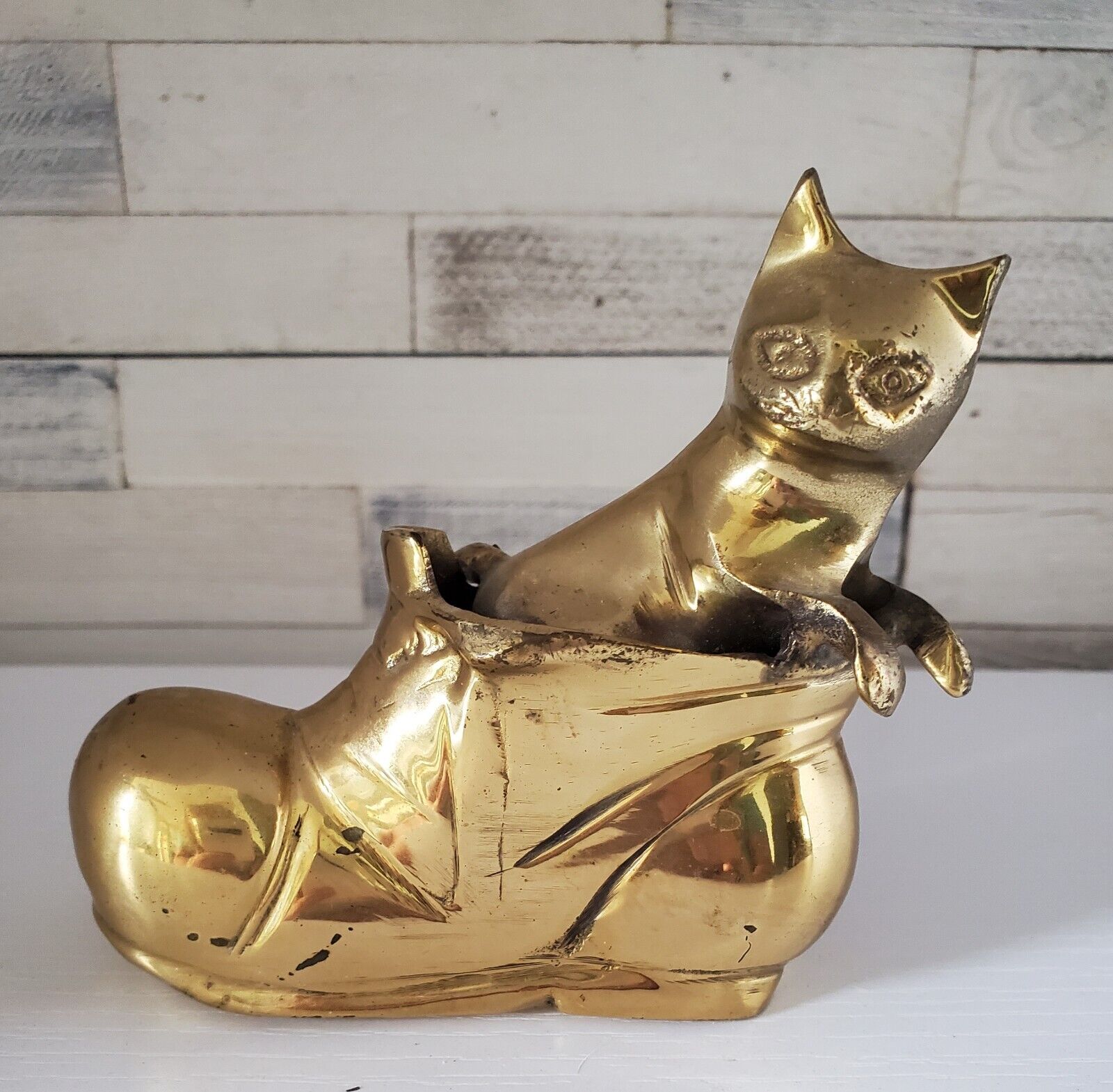 Brass MCM Vintage 4.25\' Hampton Figurine Kitten in a Shoe Paperweight