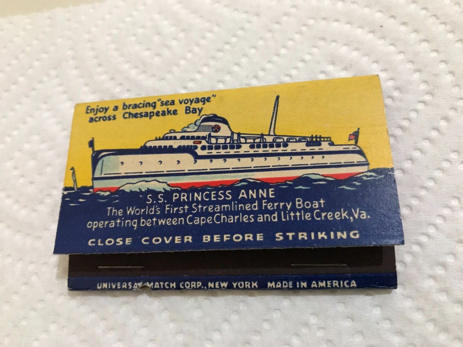 Vintage Matchbook SS Princess Anne Streamlined Ferry Boat Virginia 1-H