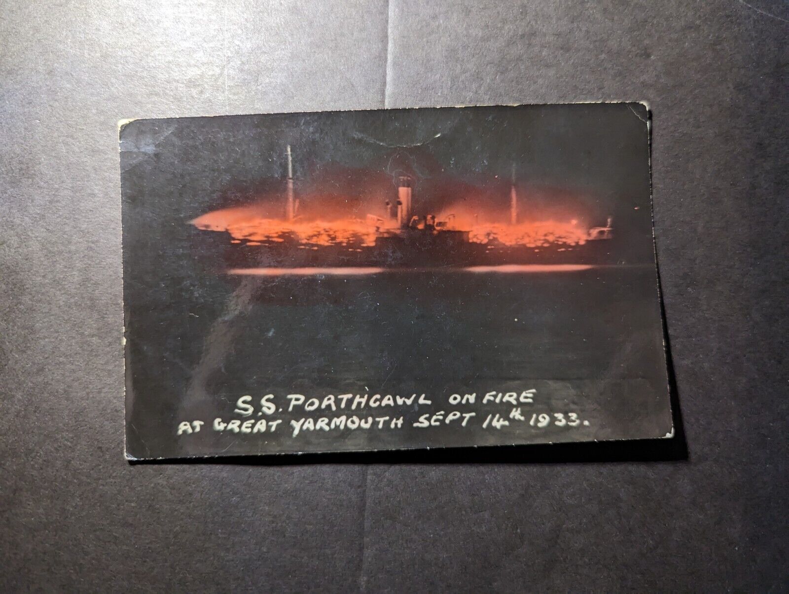 Mint 1933 Canada Ship Postcard SS Porthcawl on Fire at Great Yarmouth NS