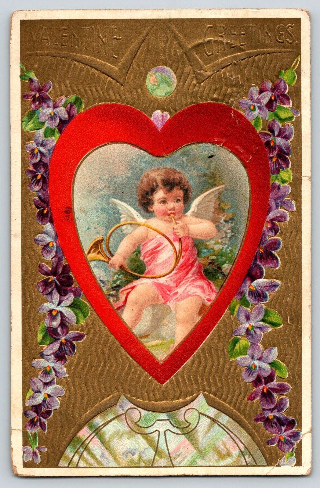 Postcard Valentines Day - Cherub w Horn - Brunswick Missouri - Snyder Texas