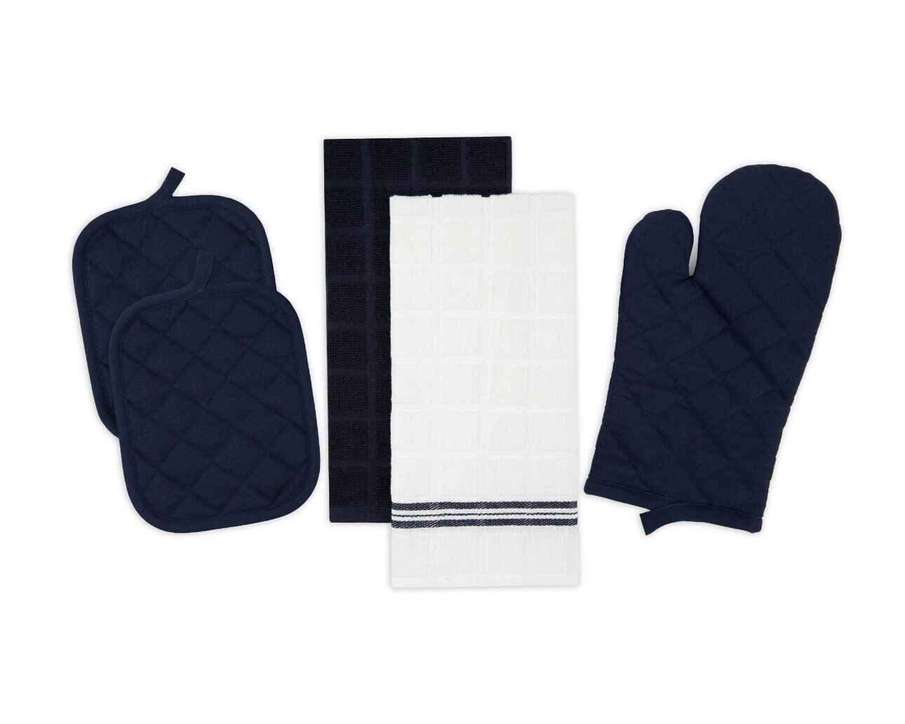 5 Pc Kitchen Set Hand Towels Pot Holders Mitt Navy Blue and White  Theme PH0007